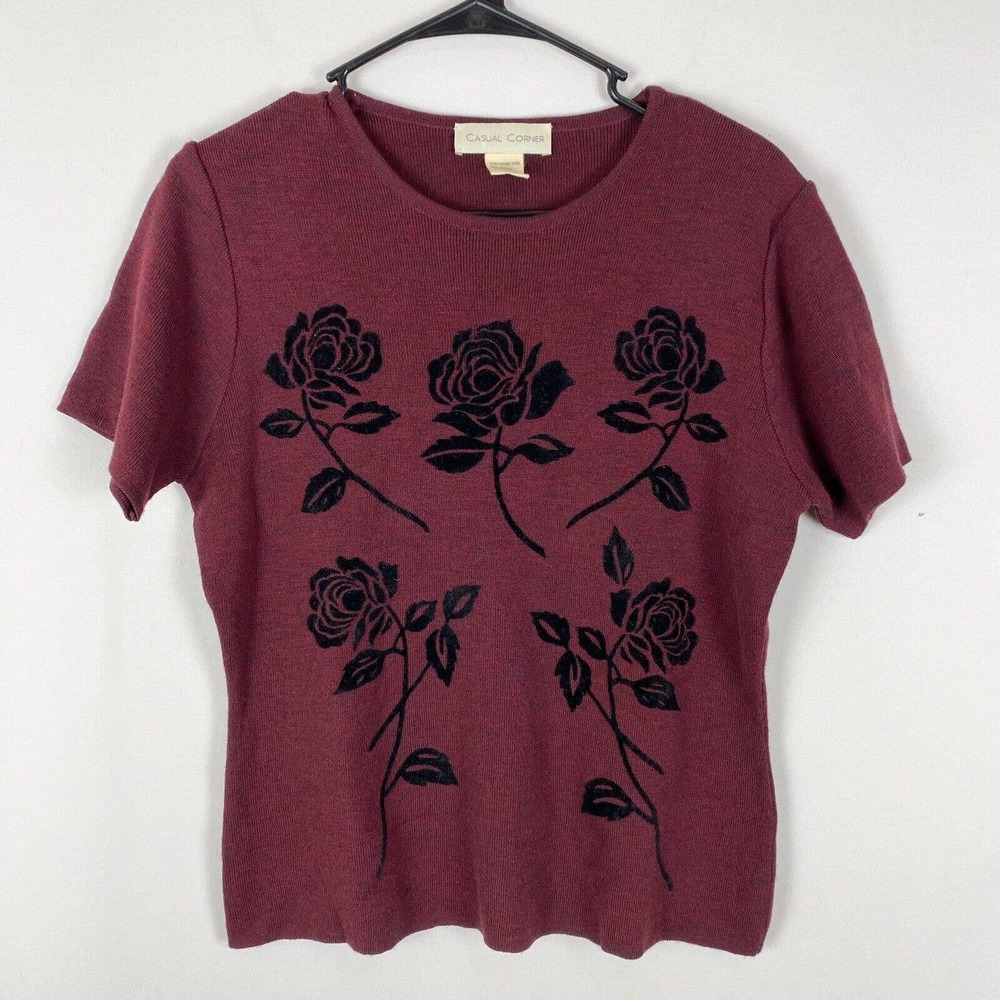 Casual Corner Wool Blend Maroon Sweater Top Size M Velvet Roses -Made In Italy
